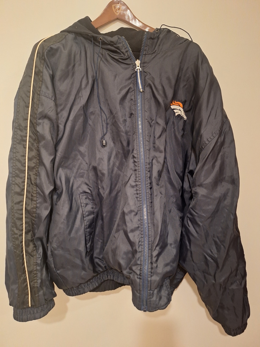 Navy Hooded Puffer Jacket with White Stripe and Orange Accent